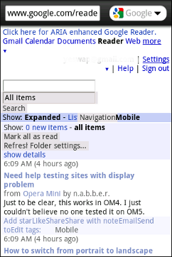 Google Reader for Wii in Opera Mini Mobile View