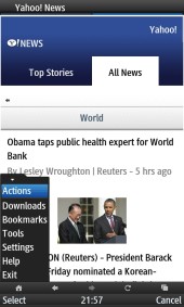 UC Browser 8.2 Yahoo News with Browser Menu