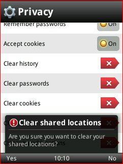 Opera Mobile 10.1 - Clear Locations Dialog