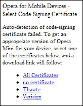 OPera Mini Certificate selection screen