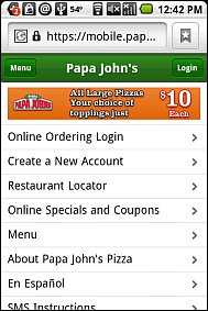 PapaJohn's iPhone site on Android