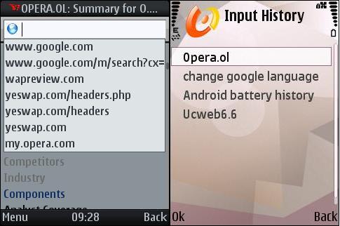 UCWEB 6.6 URL auto complete and search history