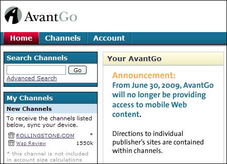 AvantGo screenshot and shutdown notice