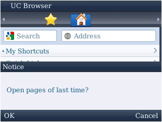 UC Browser for BlackBerry - Reopen Last Page Prompt