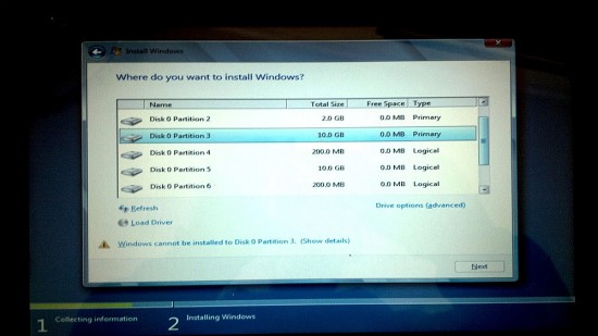 Windows 8 Installer Choose Install Partition