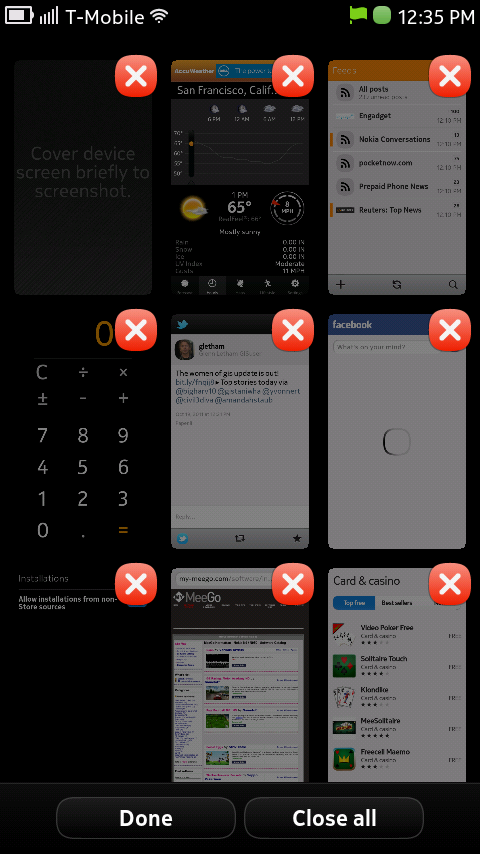 Nokia N9 Running Applications (Task Switcher) Screen - Close Apps Mode