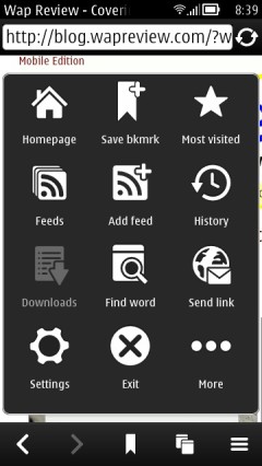 Nokia Belle Browser - Main Menu and Bottom Navigation Bar