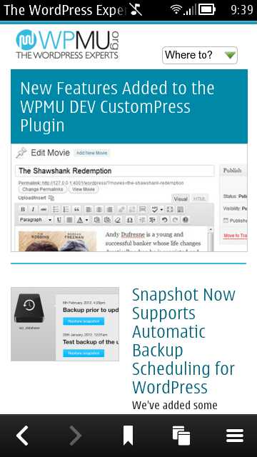 WPMU Homescreen in Symbian Belle Browser