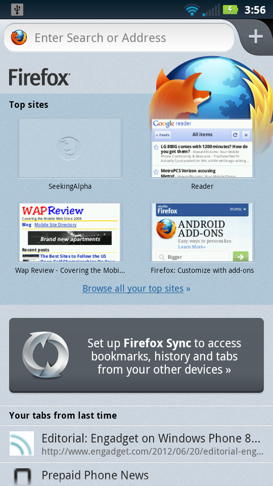 Firefox Mobile 14 - Start Screen
