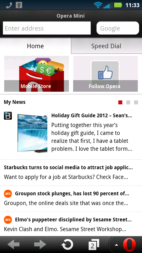 Opera Mini 7.5.1 for Android - Homepage