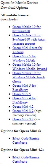 Opera Mobile download options