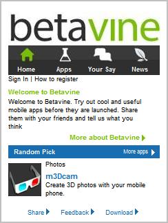 Betavine.mobi homepage