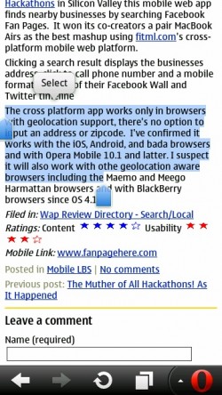 Opera Mobile 11.1 Text Selection