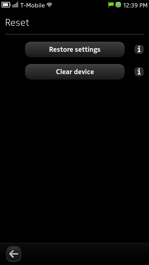 Nokia N9 Reset Screen