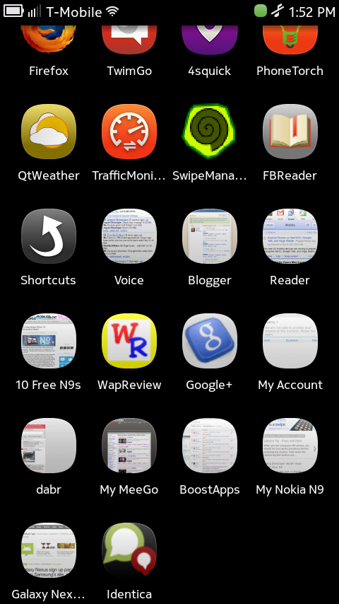 Nokia N9 Applications Homescreen Showing Webapp Icons