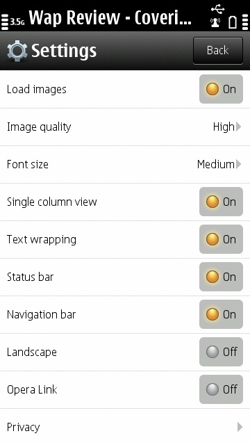 Opera Mini 6.5 (Symbian) Status bar and Navigation toggles are new