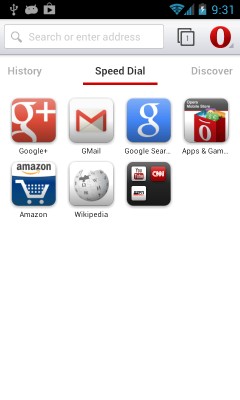 Opera Mobile 14 - Speed Dial page with top navigation bar